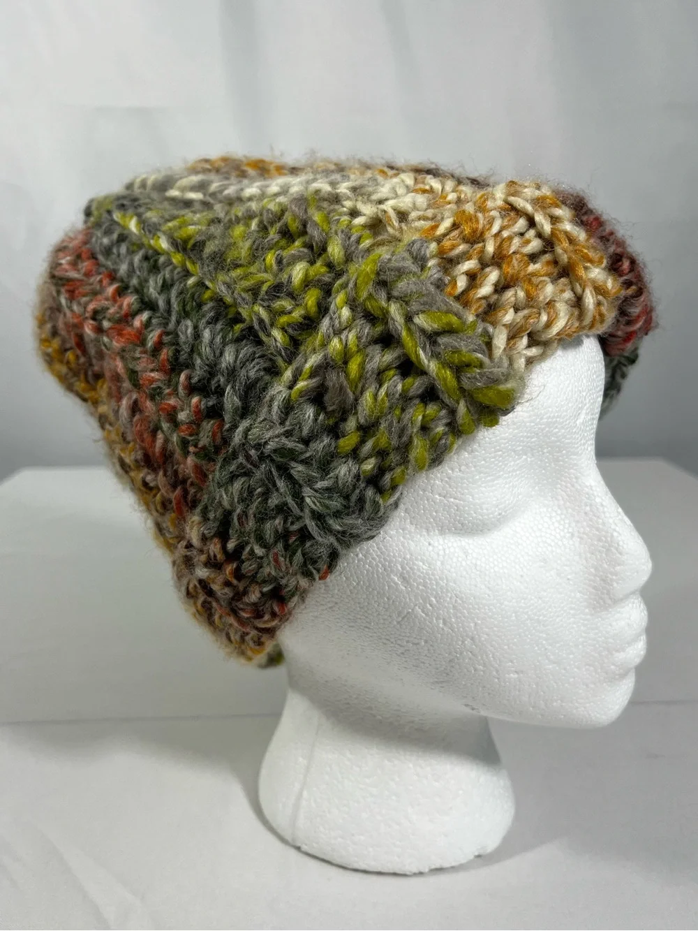 Chunky Multicolor Hand Knit Beanie - Olive, Brown Cream, Rust, Gray - Soft Wool
